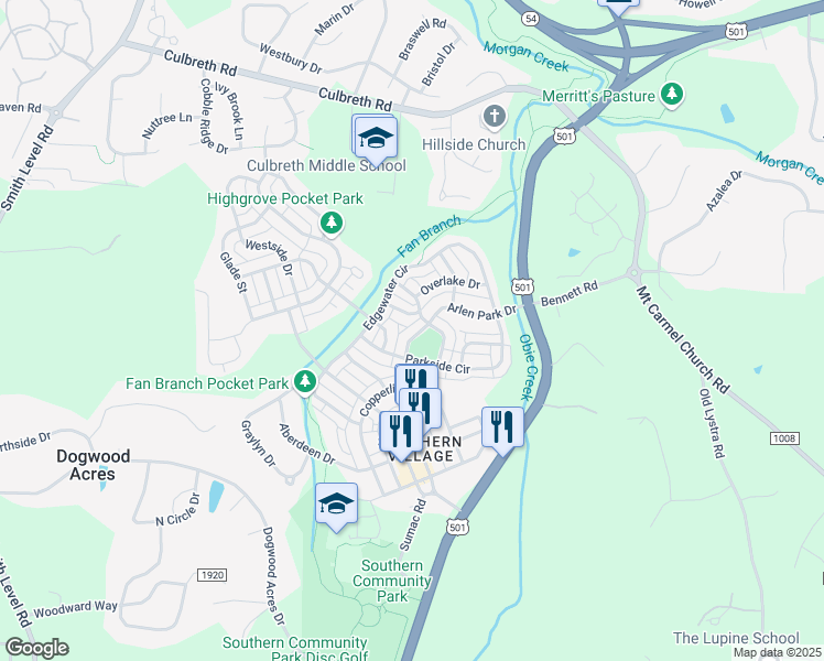 map of restaurants, bars, coffee shops, grocery stores, and more near 104 Parkview Crescent in Chapel Hill