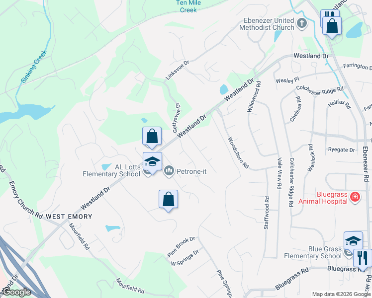 map of restaurants, bars, coffee shops, grocery stores, and more near 9211 Center Court Way in Knoxville