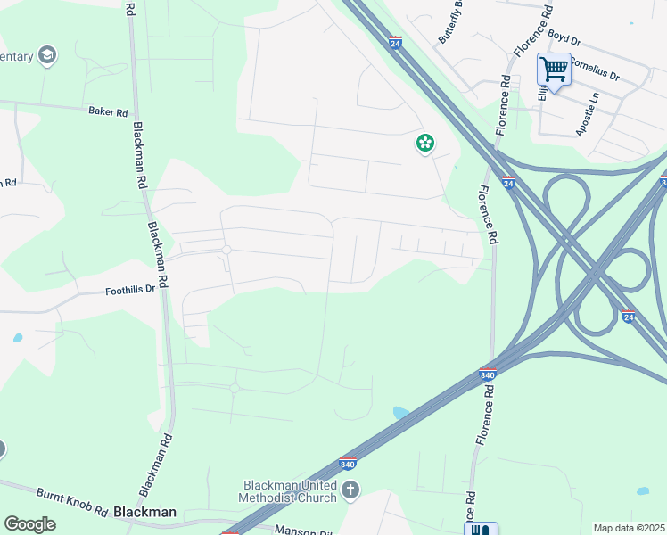 map of restaurants, bars, coffee shops, grocery stores, and more near 5309 Bridgemore Boulevard in Rutherford County