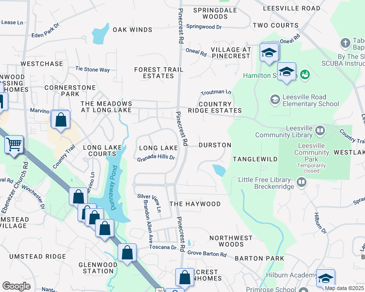 map of restaurants, bars, coffee shops, grocery stores, and more near 7620 Silver View Lane in Raleigh