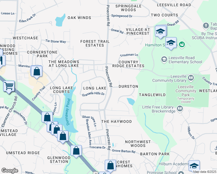 map of restaurants, bars, coffee shops, grocery stores, and more near 7620 Silver View Lane in Raleigh