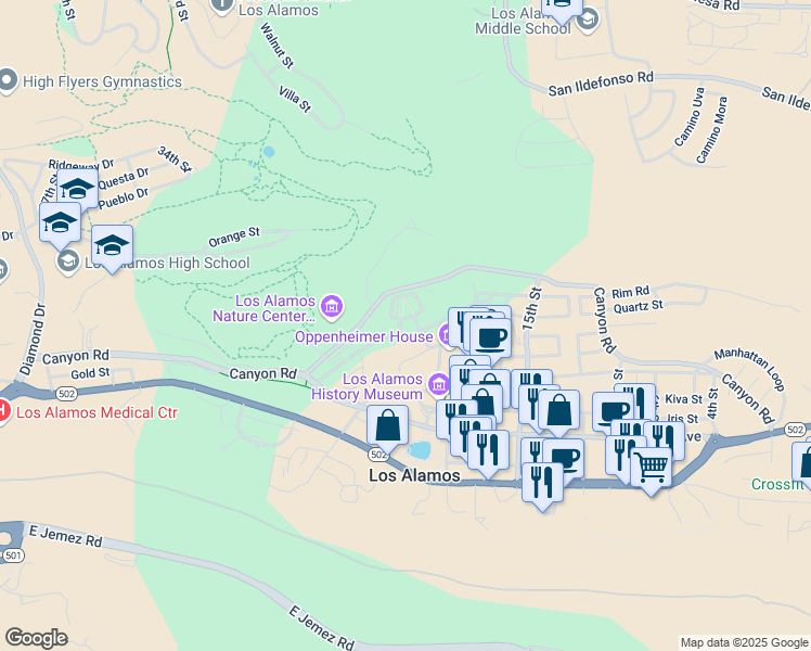map of restaurants, bars, coffee shops, grocery stores, and more near 1876 24th Street in Los Alamos
