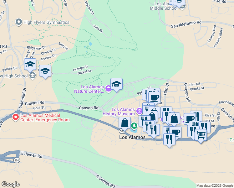 map of restaurants, bars, coffee shops, grocery stores, and more near 2525 Canyon Road in Los Alamos