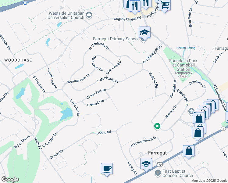 map of restaurants, bars, coffee shops, grocery stores, and more near 428 Clover Fork Drive in Knoxville