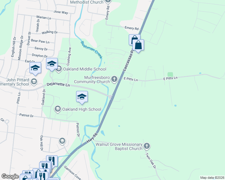 map of restaurants, bars, coffee shops, grocery stores, and more near 2519 Highway 96 in Murfreesboro