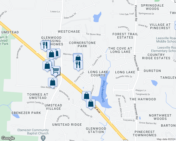 map of restaurants, bars, coffee shops, grocery stores, and more near 8126 Rhiannon Road in Raleigh