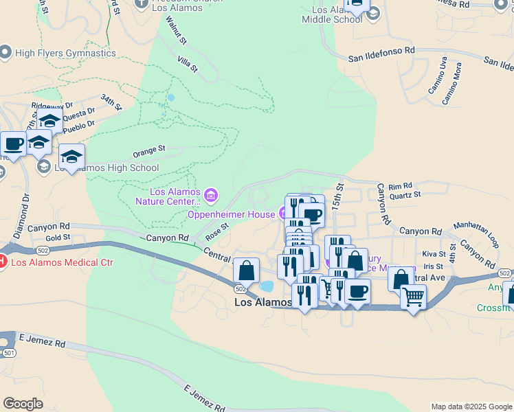 map of restaurants, bars, coffee shops, grocery stores, and more near 1876 24th Street in Los Alamos