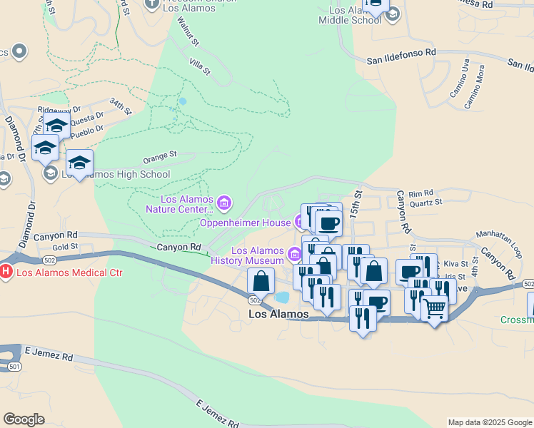 map of restaurants, bars, coffee shops, grocery stores, and more near 1876 24th Street in Los Alamos