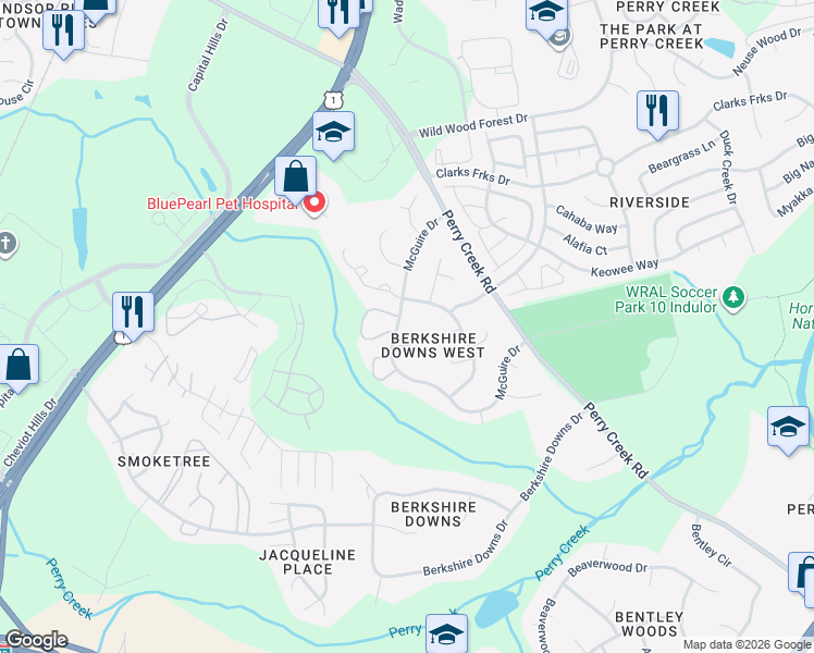 map of restaurants, bars, coffee shops, grocery stores, and more near 8230 McGuire Drive in Raleigh