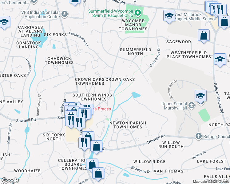 map of restaurants, bars, coffee shops, grocery stores, and more near 7766 Sandra Lane in Raleigh
