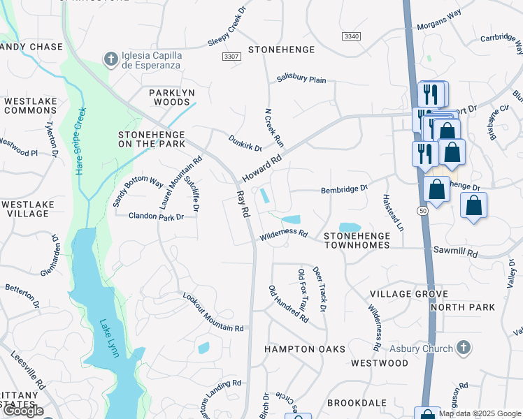 map of restaurants, bars, coffee shops, grocery stores, and more near 7700 Stonehenge Farm Lane in Raleigh