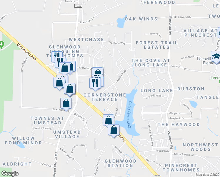 map of restaurants, bars, coffee shops, grocery stores, and more near 8519 Silhouette Place in Raleigh
