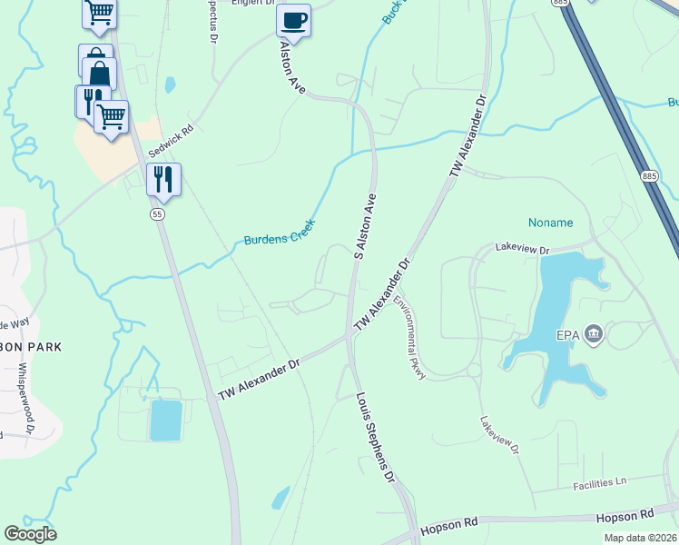 map of restaurants, bars, coffee shops, grocery stores, and more near 100 Cascade Falls Lane in Durham
