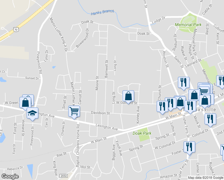 map of restaurants, bars, coffee shops, grocery stores, and more near 226 Long Street in Thomasville