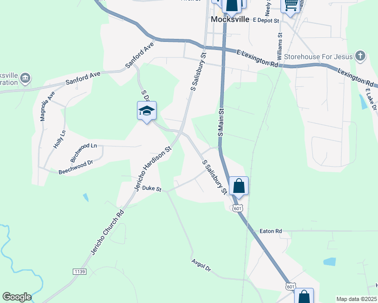 map of restaurants, bars, coffee shops, grocery stores, and more near 673 Salisbury Road in Mocksville