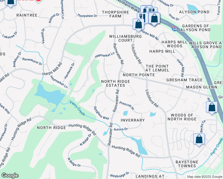 map of restaurants, bars, coffee shops, grocery stores, and more near 1800 Dunes Court in Raleigh
