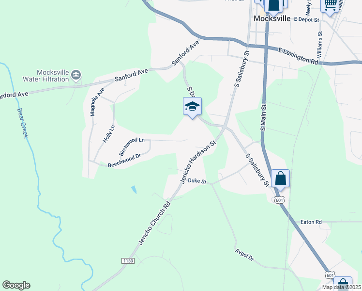 map of restaurants, bars, coffee shops, grocery stores, and more near 289 Birchwood Ln in Mocksville