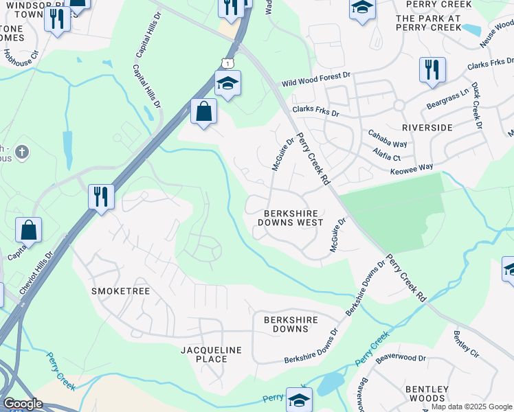 map of restaurants, bars, coffee shops, grocery stores, and more near 8208 Merriweather Circle in Raleigh