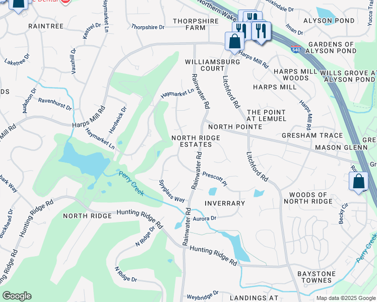 map of restaurants, bars, coffee shops, grocery stores, and more near 1800 Dunes Court in Raleigh
