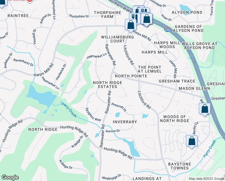 map of restaurants, bars, coffee shops, grocery stores, and more near 7500 Rainwater Road in Raleigh