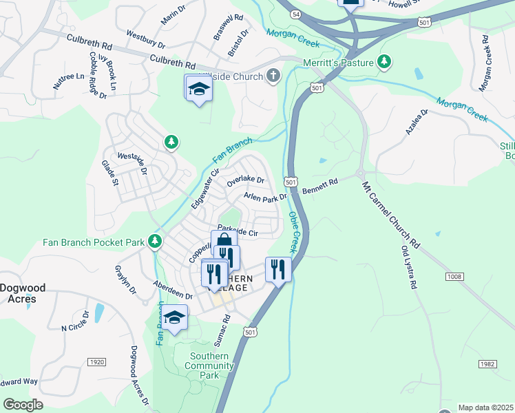 map of restaurants, bars, coffee shops, grocery stores, and more near 107 Arlen Park Drive in Chapel Hill