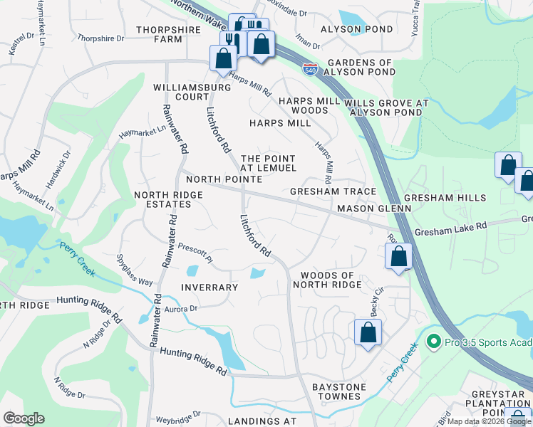 map of restaurants, bars, coffee shops, grocery stores, and more near 7608 Litchford Road in Raleigh