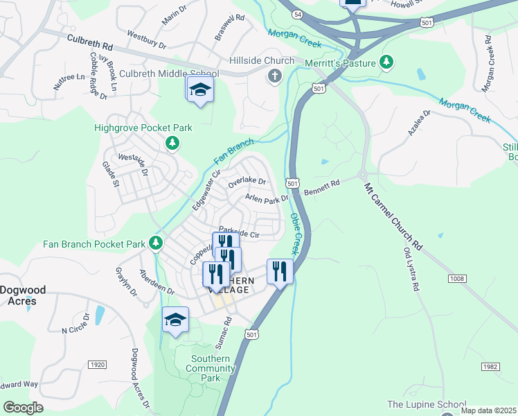 map of restaurants, bars, coffee shops, grocery stores, and more near 107 Arlen Park Drive in Chapel Hill