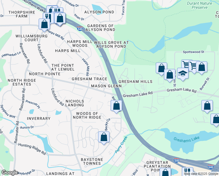 map of restaurants, bars, coffee shops, grocery stores, and more near 7916 Dukes Dynasty Drive in Raleigh