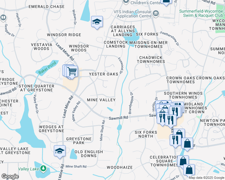 map of restaurants, bars, coffee shops, grocery stores, and more near 7804 Foxwood Drive in Raleigh