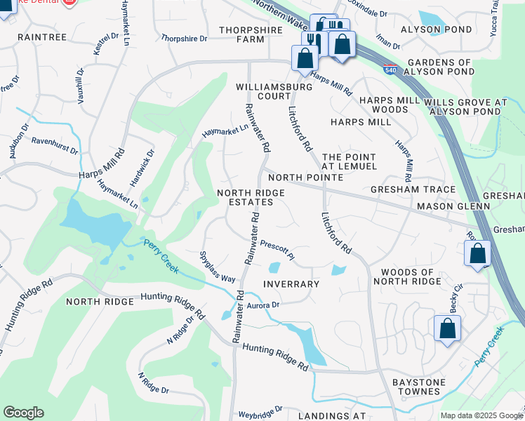 map of restaurants, bars, coffee shops, grocery stores, and more near 7500 Rainwater Road in Raleigh