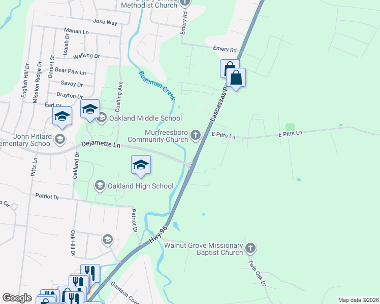 map of restaurants, bars, coffee shops, grocery stores, and more near 2519 Tennessee 96 in Murfreesboro