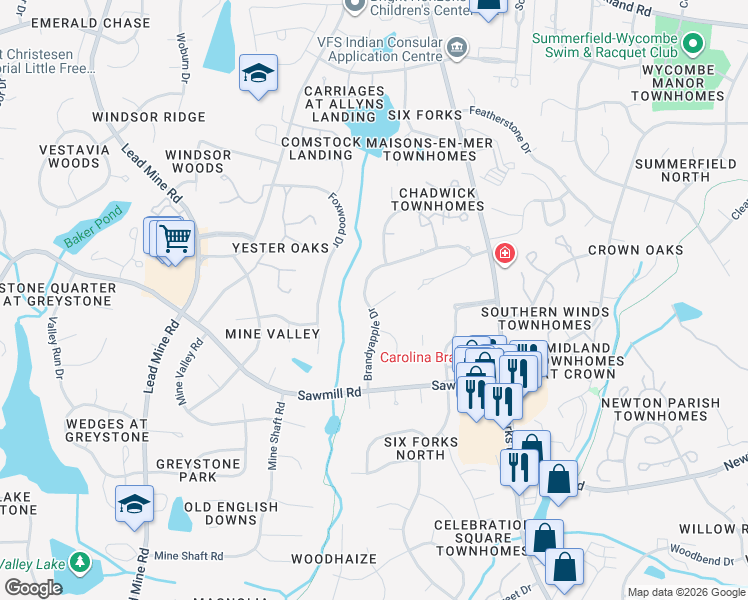 map of restaurants, bars, coffee shops, grocery stores, and more near 7907 Brandyapple Drive in Raleigh