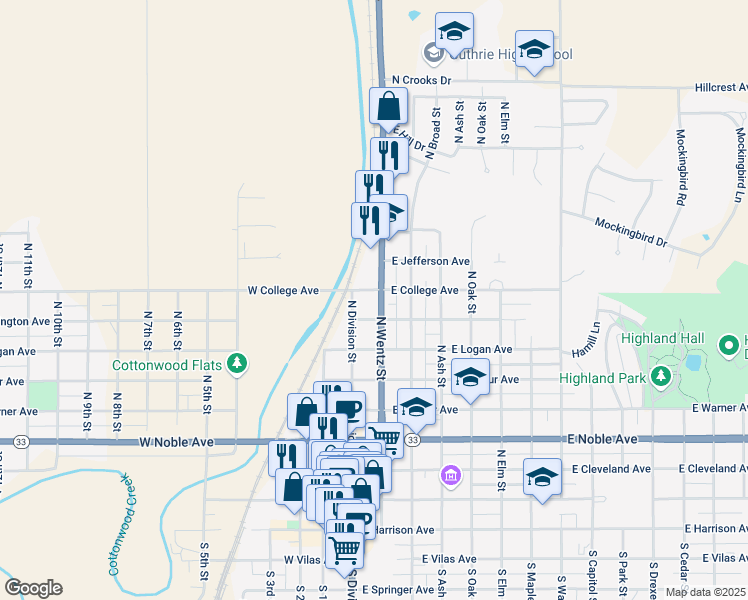 map of restaurants, bars, coffee shops, grocery stores, and more near 108 East Washington Avenue in Guthrie