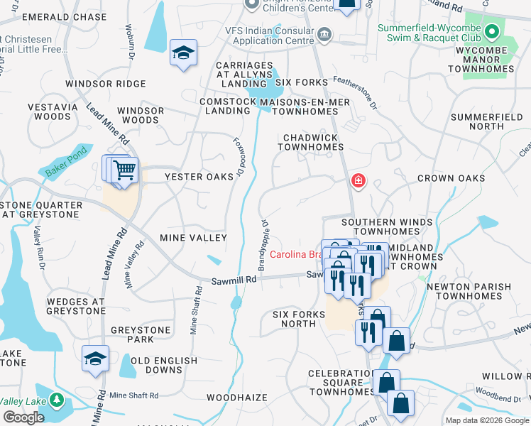 map of restaurants, bars, coffee shops, grocery stores, and more near 7907 Brandyapple Drive in Raleigh