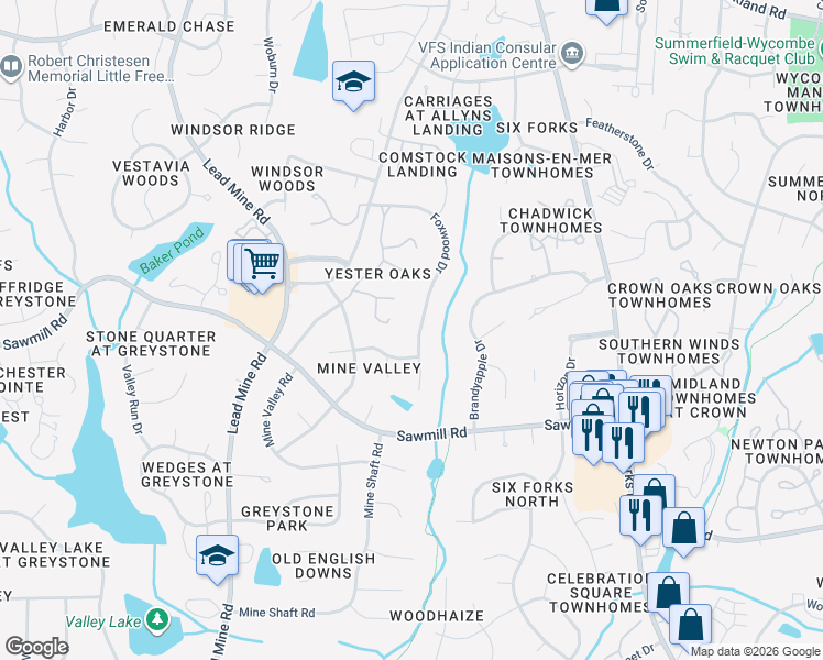 map of restaurants, bars, coffee shops, grocery stores, and more near 7804 Foxwood Drive in Raleigh
