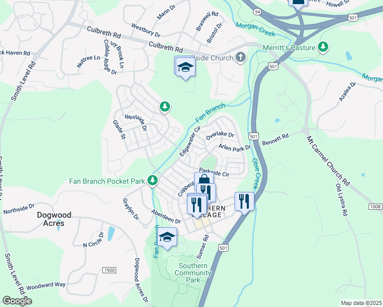 map of restaurants, bars, coffee shops, grocery stores, and more near 104 Parkview Crescent in Chapel Hill