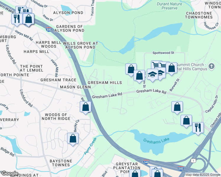 map of restaurants, bars, coffee shops, grocery stores, and more near 2917 Gresham Lake Road in Raleigh