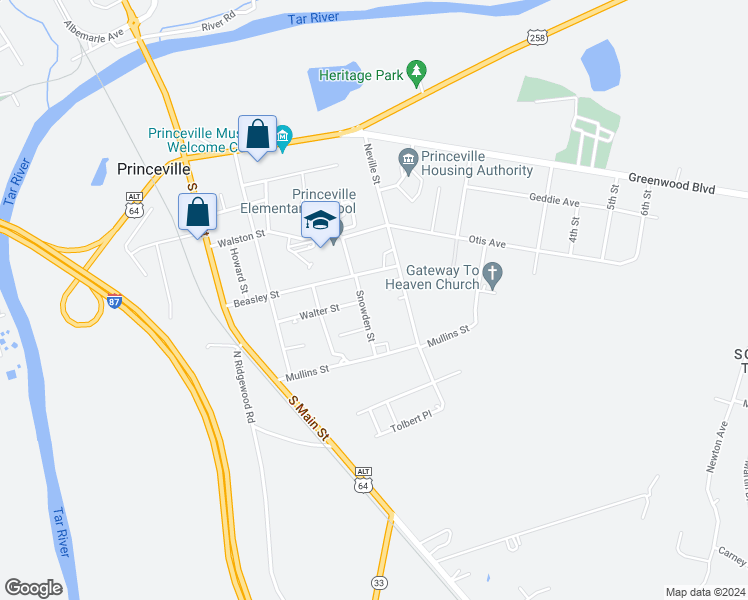 map of restaurants, bars, coffee shops, grocery stores, and more near 201 Snowden Street in Princeville