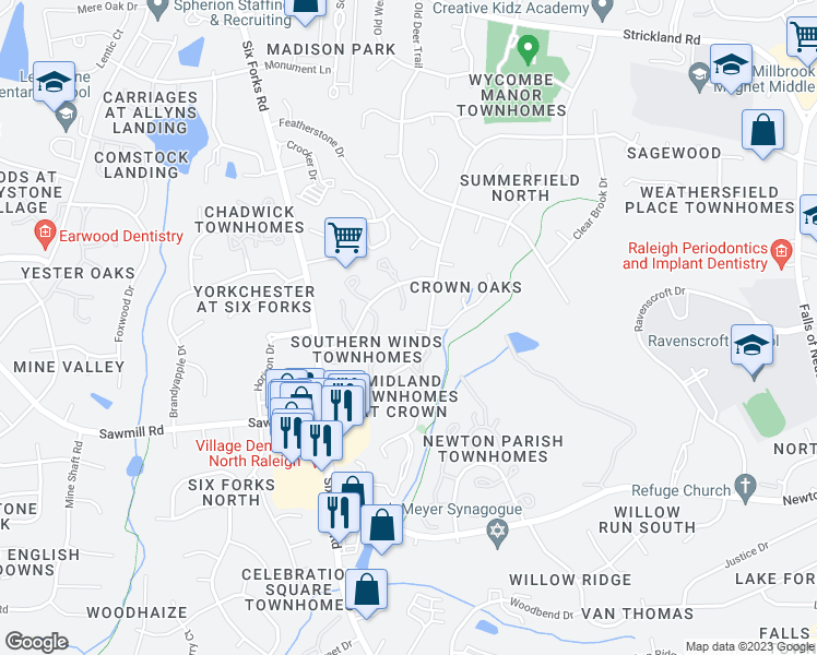 map of restaurants, bars, coffee shops, grocery stores, and more near 7808 Kitty Lane in Raleigh