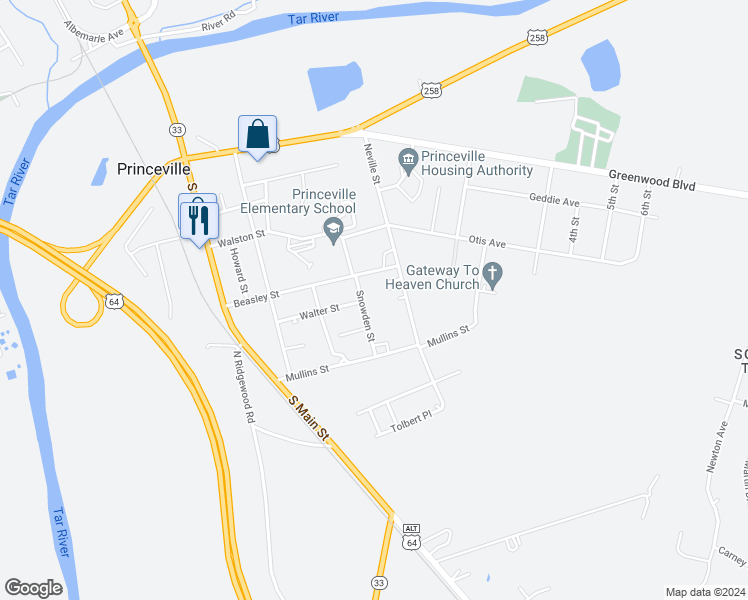 map of restaurants, bars, coffee shops, grocery stores, and more near 201 Snowden Street in Princeville