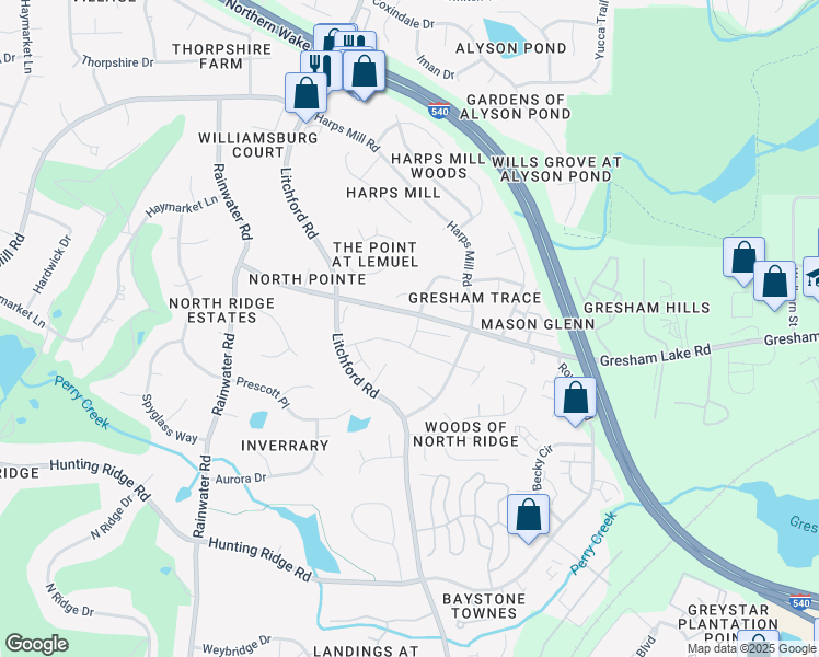 map of restaurants, bars, coffee shops, grocery stores, and more near 2400 Gresham Lake Road in Raleigh