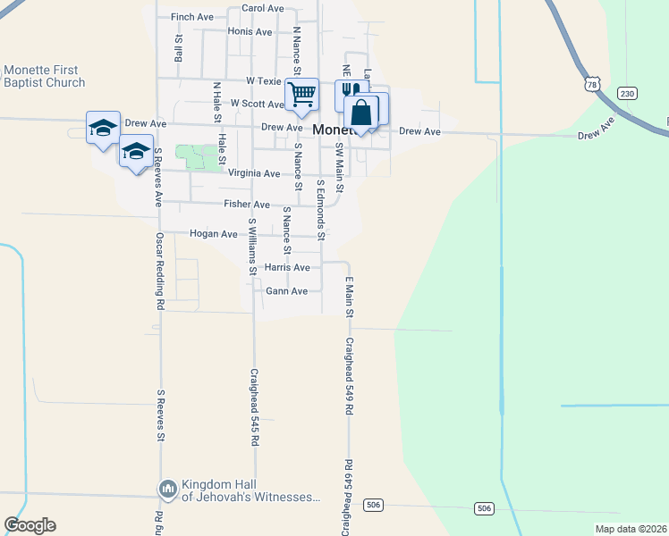 map of restaurants, bars, coffee shops, grocery stores, and more near 507 Southeast Main Street in Monette