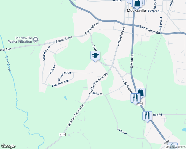 map of restaurants, bars, coffee shops, grocery stores, and more near 289 Birchwood Lane in Mocksville