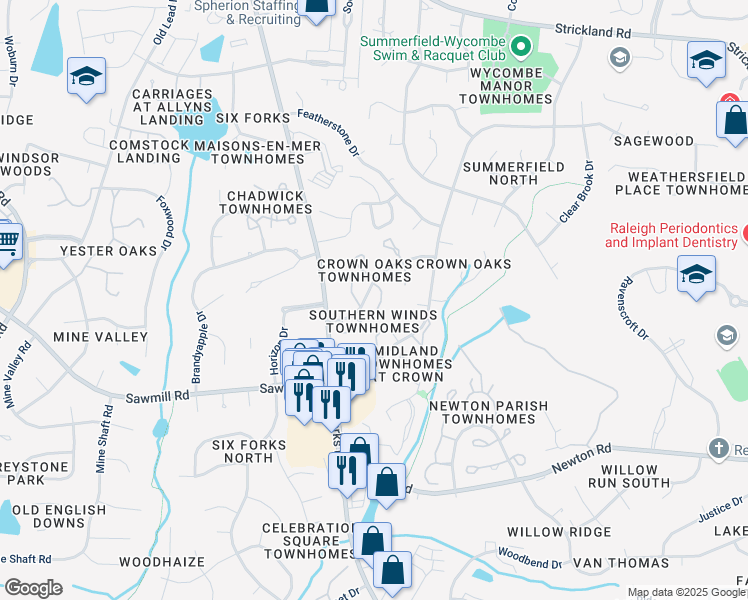 map of restaurants, bars, coffee shops, grocery stores, and more near 7606 Ladden Court in Raleigh