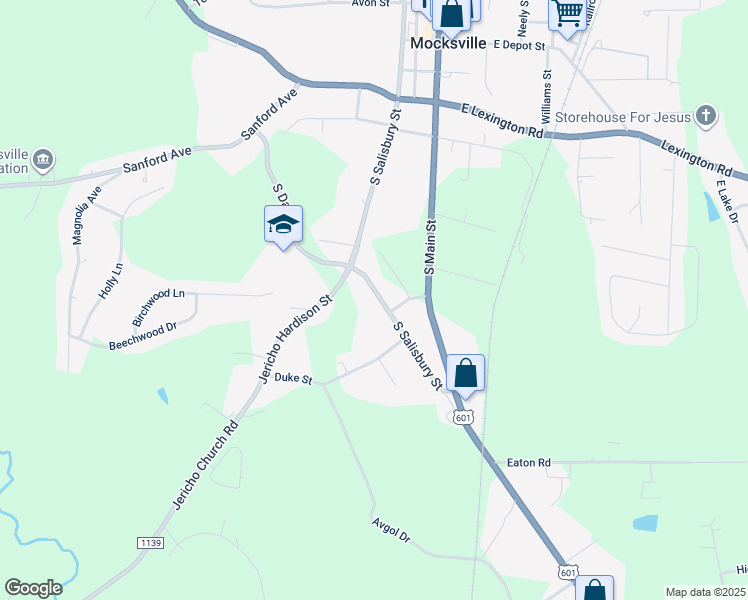map of restaurants, bars, coffee shops, grocery stores, and more near 673 Salisbury Road in Mocksville