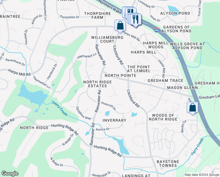 map of restaurants, bars, coffee shops, grocery stores, and more near 1916 Torrey Pines Place in Raleigh