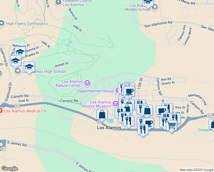 map of restaurants, bars, coffee shops, grocery stores, and more near 1876 24th Street in Los Alamos