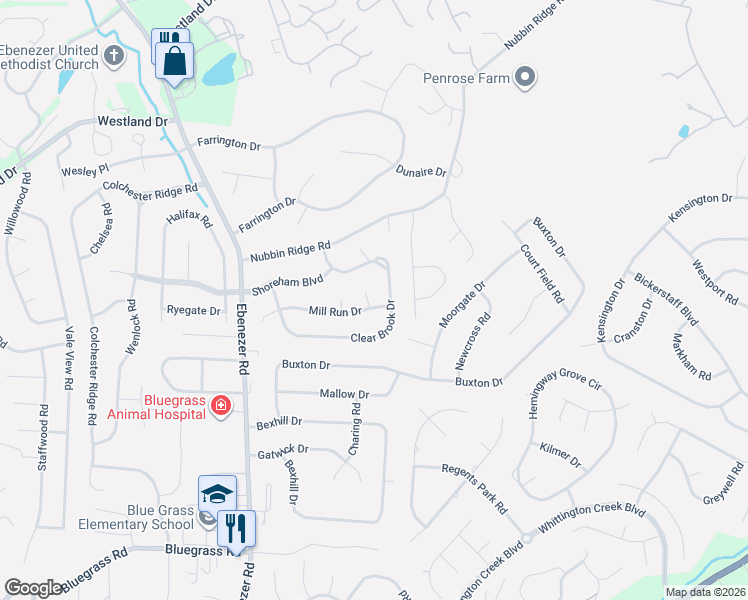 map of restaurants, bars, coffee shops, grocery stores, and more near 8700 Mill Run Drive in Knoxville