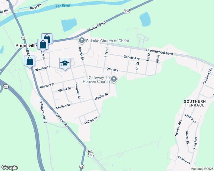 map of restaurants, bars, coffee shops, grocery stores, and more near 322 2nd Street in Princeville
