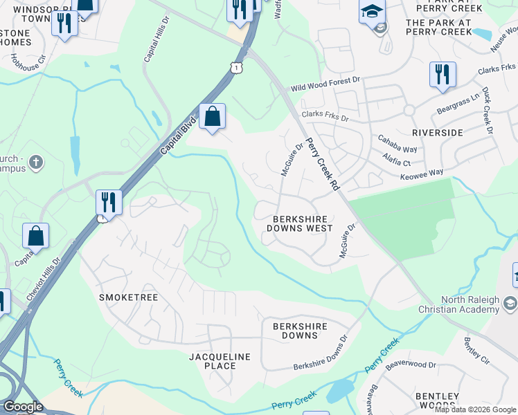map of restaurants, bars, coffee shops, grocery stores, and more near 8201 Merriweather Circle in Raleigh